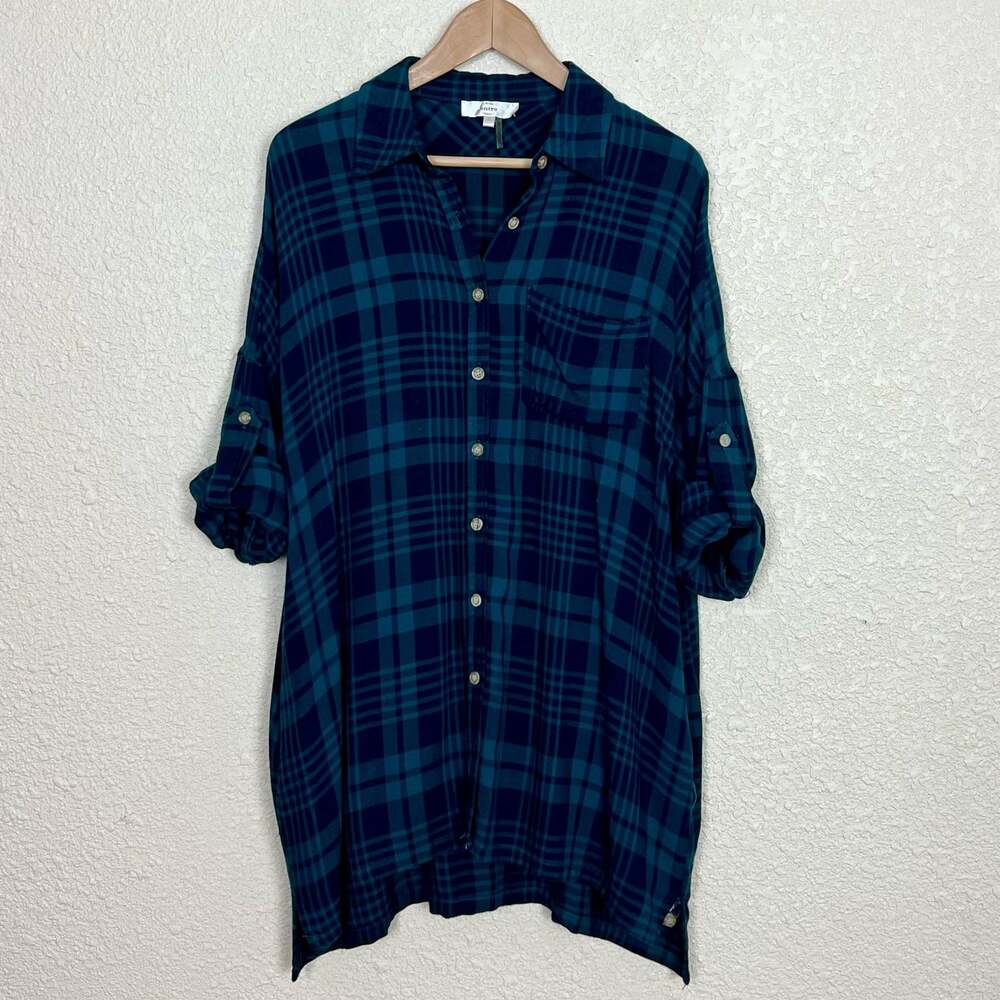 Entro Plaid Button Down Tunic Top sz Sml Green Black Pockets